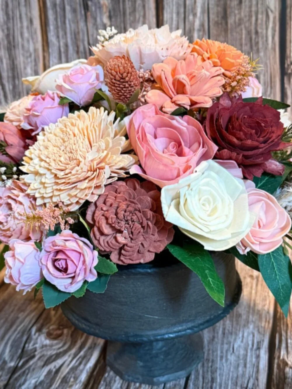 Cream Peach Burgundy Sola Wood Floral Arrangement in a compote vase home decor